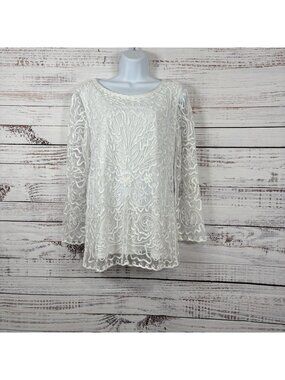 T&W Design White Ribbon Swirl Embroidered Mesh Long Sleeve Top